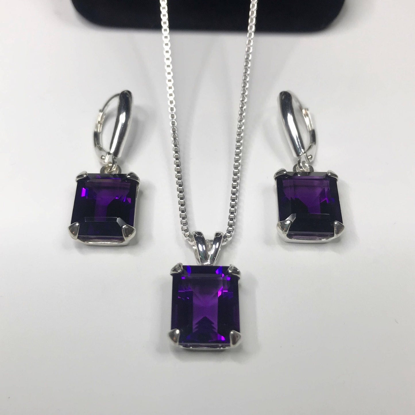 BEAUTIFUL 16.5ctw Emerald Cut Amethyst Earrings & Pendant Necklace Set Sterling Silver Trending Jewelry Gift February Birthstone