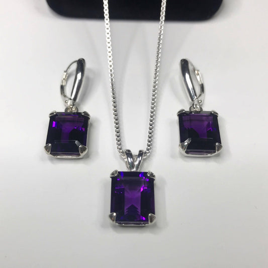 BEAUTIFUL 16.5ctw Emerald Cut Amethyst Earrings & Pendant Necklace Set Sterling Silver Trending Jewelry Gift February Birthstone