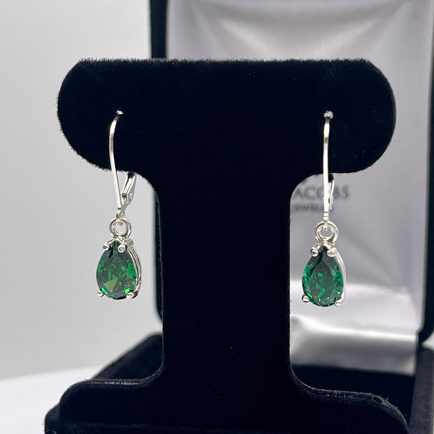 Beautiful 3ctw Pear Cut Emerald Earrings in Sterling Silver Dangle Leverbacks