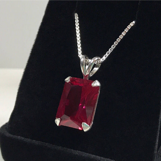 Beautiful 13ct Emerald Cut Ruby Sterling Silver Pendant Necklace Solitaire Jewelry Trends and Trending Gemstones July Gift Lab