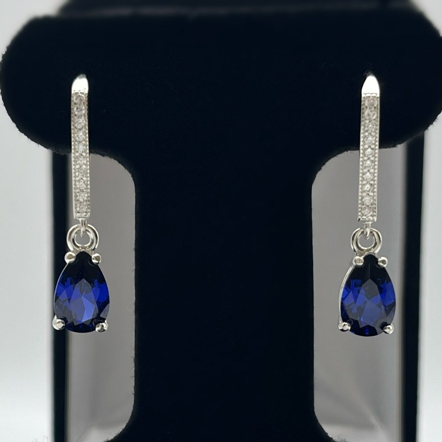 BEAUTIFUL 3.6ctw Blue Sapphire Sterling Silver Earrings Pear Cut Blue Sapphire Leverback Dangle Earrings Trending Jewelry Gift