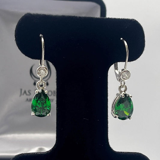 Beautiful 5ctw Pear Cut Emerald Earrings White Sapphire accents Sterling Silver