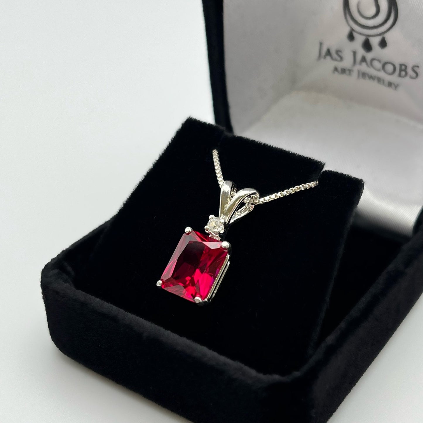 Beautiful Emerald Cut Ruby Necklace with White Sapphire accent