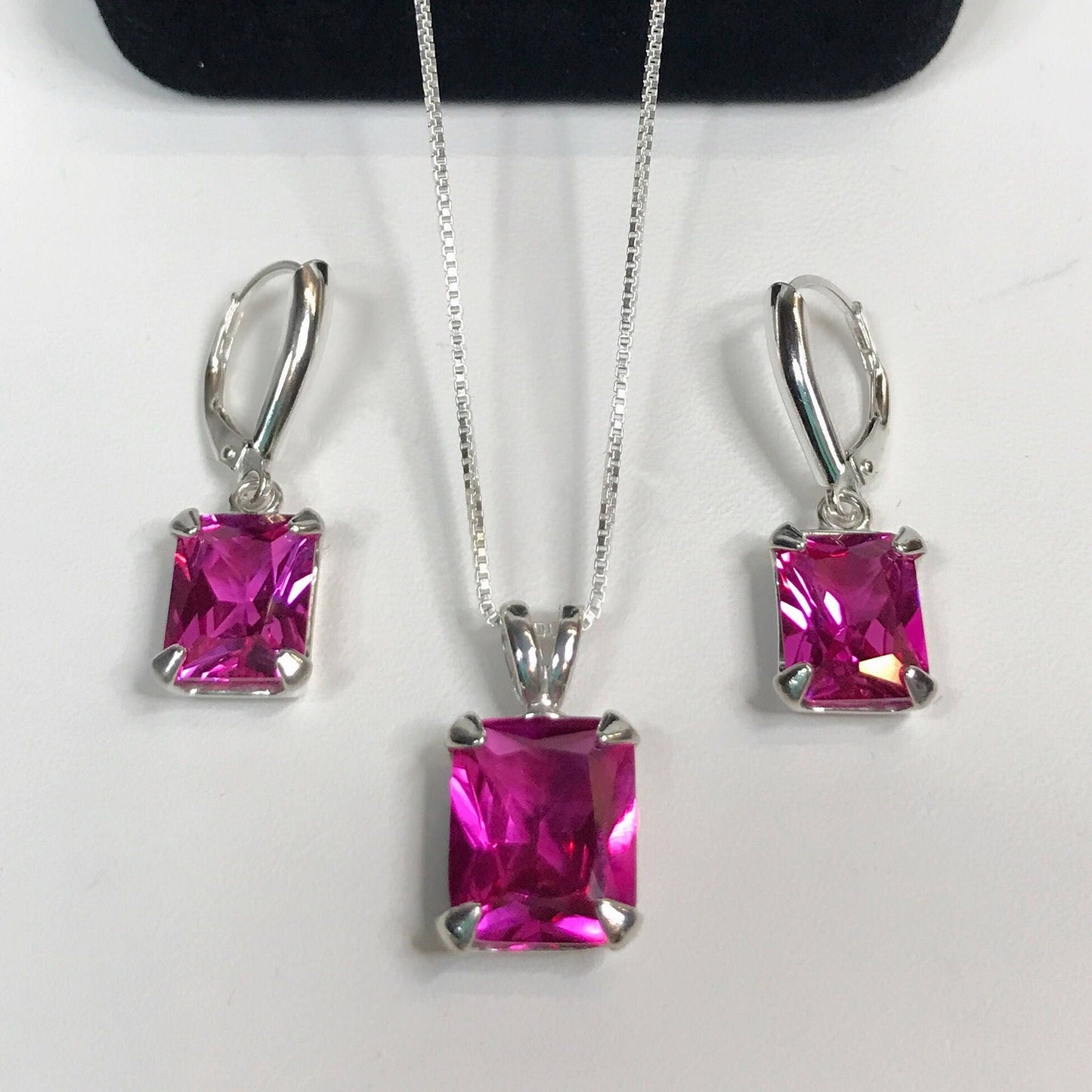 GORGEOUS 8ct Emerald Cut Pink Sapphire Earrings Sterling Silver Drop Dangle Leverback Trending Jewelry Gift Pink Stone