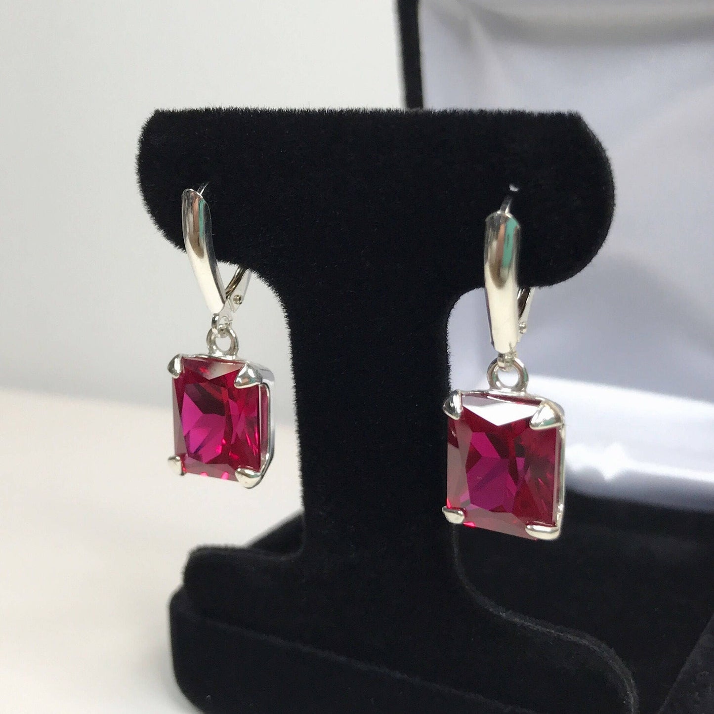 GORGEOUS 8ctw Emerald Cut Ruby Earrings in Sterling Silver