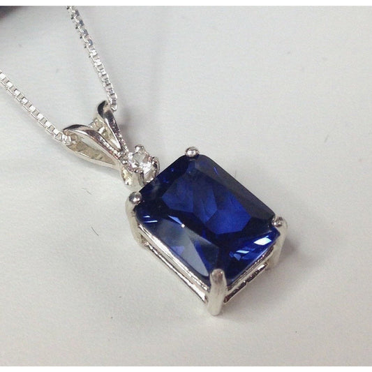 Gorgeous 4ct Emerald Cut Sapphire Pendant Necklace Blue & White Sapphire Accents jewelry trends Gift Bridal September