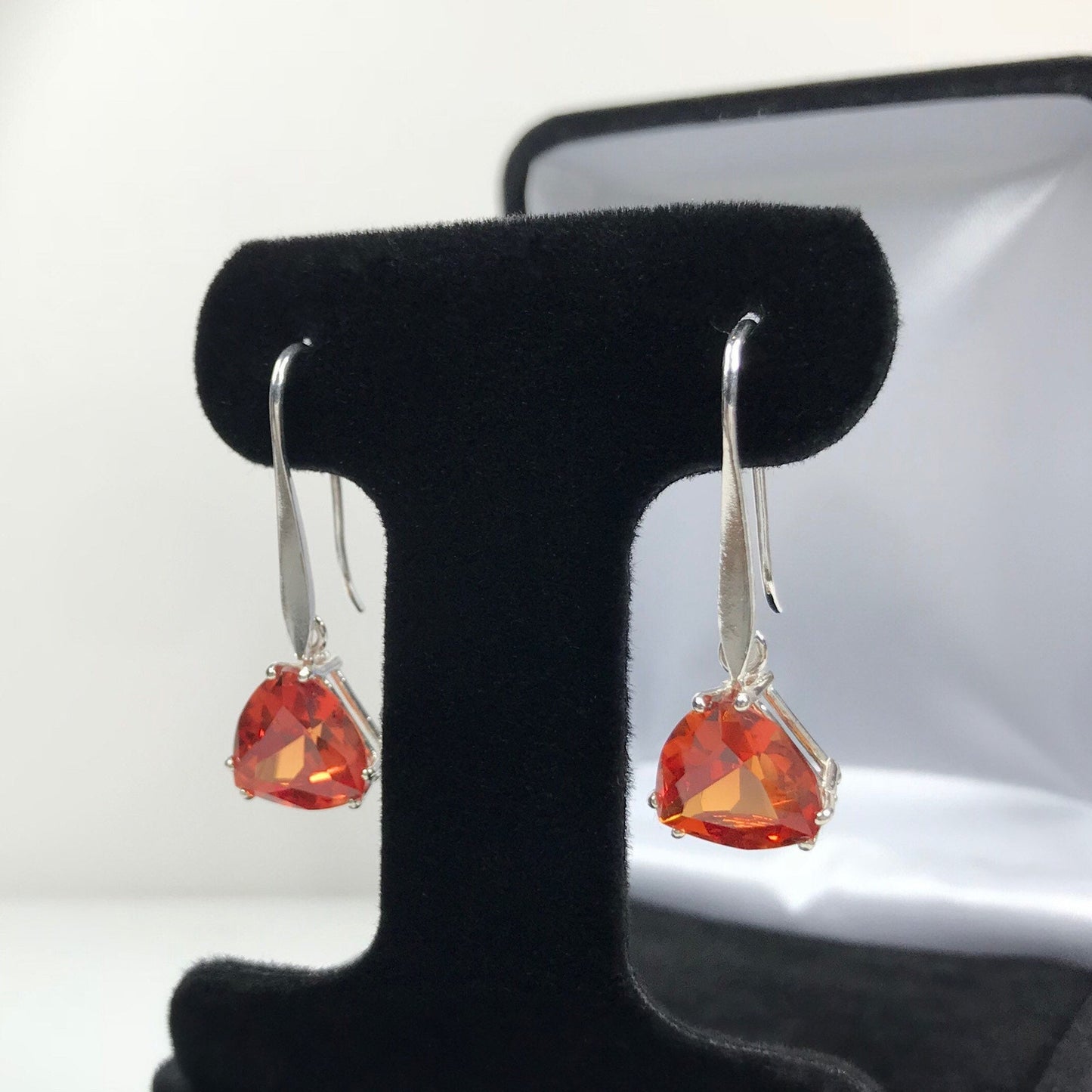 Beautiful 7ctw Trillion Cut Orange Padparadscha Sapphire & Sterling Silver Earrings Fine Jewelry Gift Orange Sapphire Triangle Drop