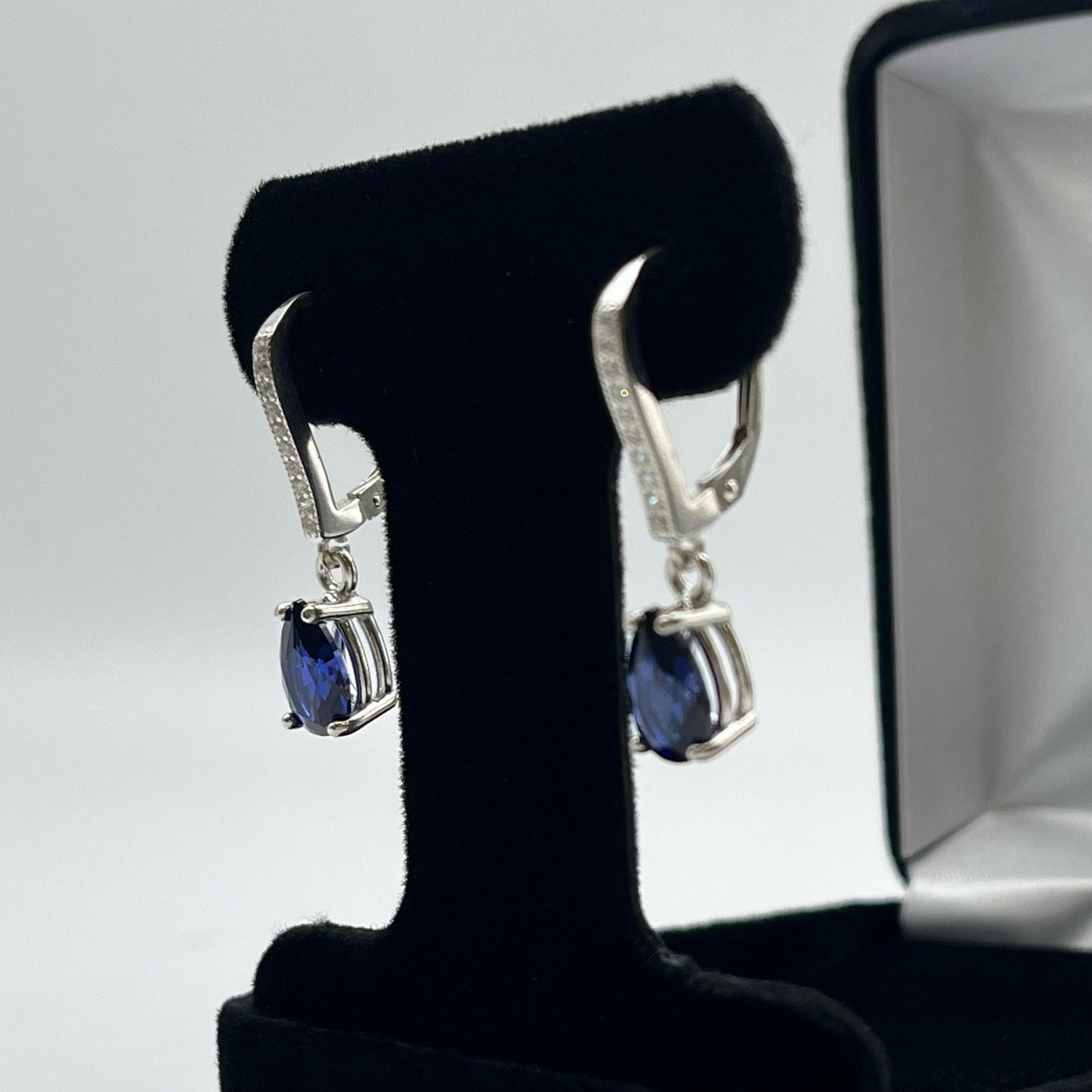 BEAUTIFUL 3.6ctw Blue Sapphire Sterling Silver Earrings Pear Cut Blue Sapphire Leverback Dangle Earrings Trending Jewelry Gift