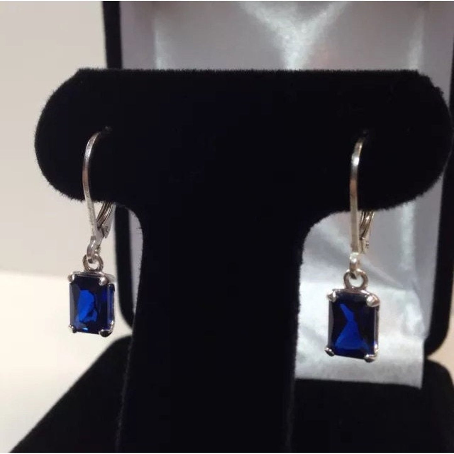 Beautiful Emerald Cut Sapphire Sterling Silver Earrings Leverback Solitaire 2ct Blue Corundum Gemstone Trending Jewelry Gift Trends