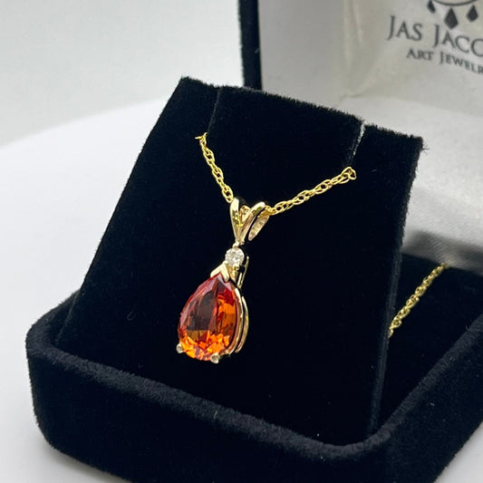 14k Gold 2.5ct Pear Cut Orange Padparadscha Sapphire Necklace Diamond Accent Fine Jewelry Gift Orange Sapphire September Birthstone Necklace