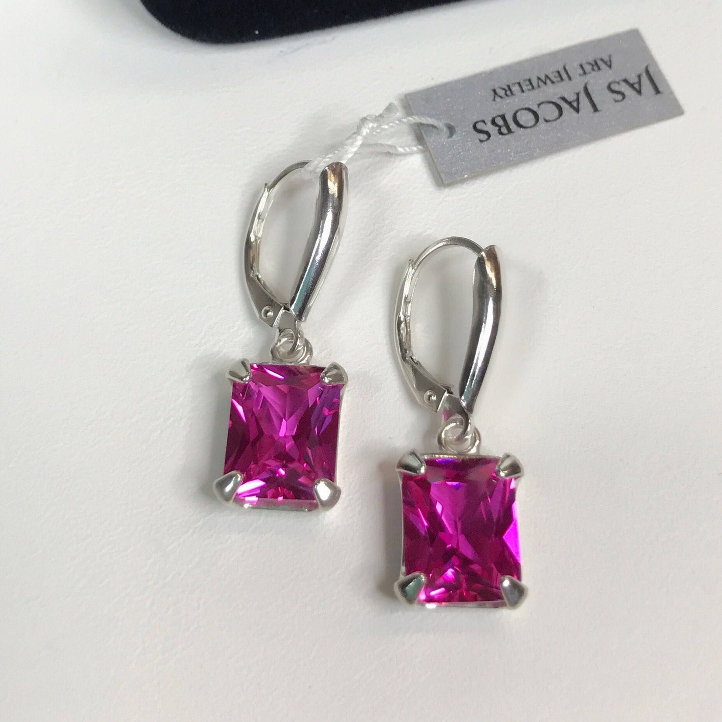 GORGEOUS 8ct Emerald Cut Pink Sapphire Earrings Sterling Silver Drop Dangle Leverback Trending Jewelry Gift Pink Stone