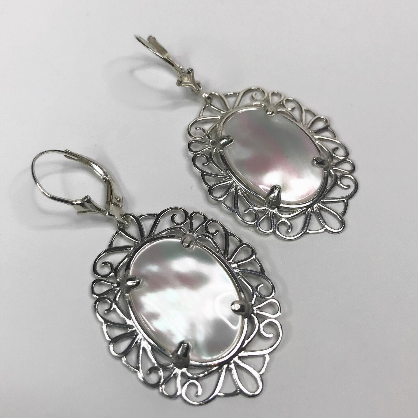Beautiful Mother of Pearl Earrings in Sterling Silver 2 inch