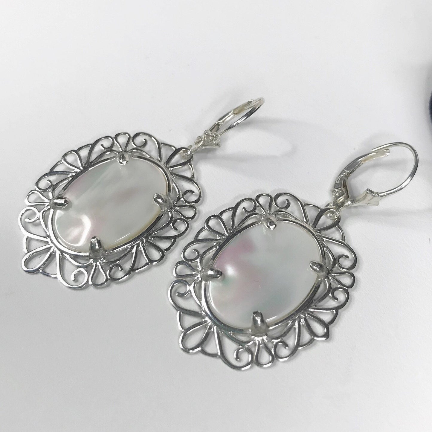 Beautiful Mother of Pearl Earrings in Sterling Silver 2 inch