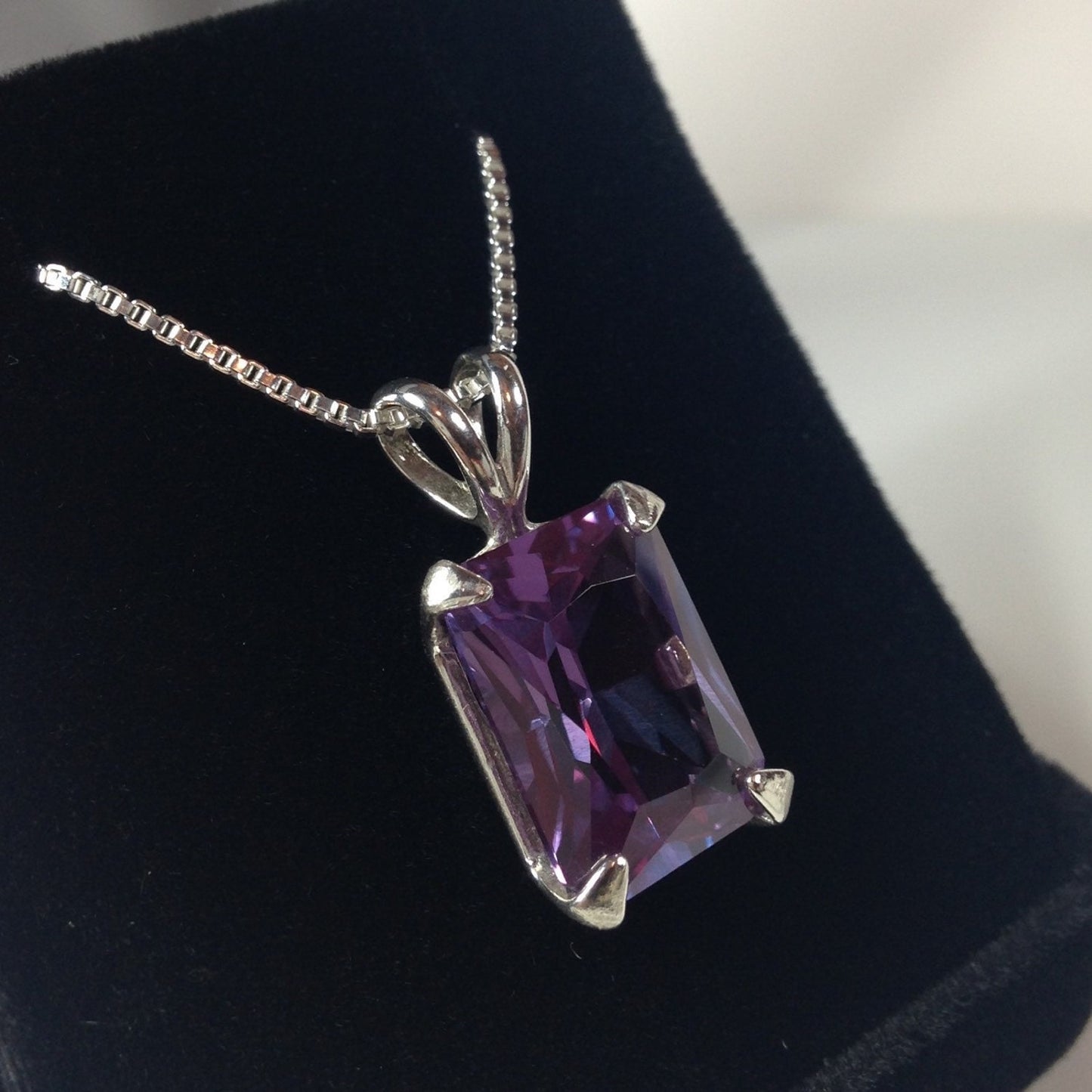 Gorgeous 8ct Emerald Cut Alexandrite Necklace Sterling Silver Solitaire Pendant Large Color Change Alexandrite Lab June Birthstone Gift