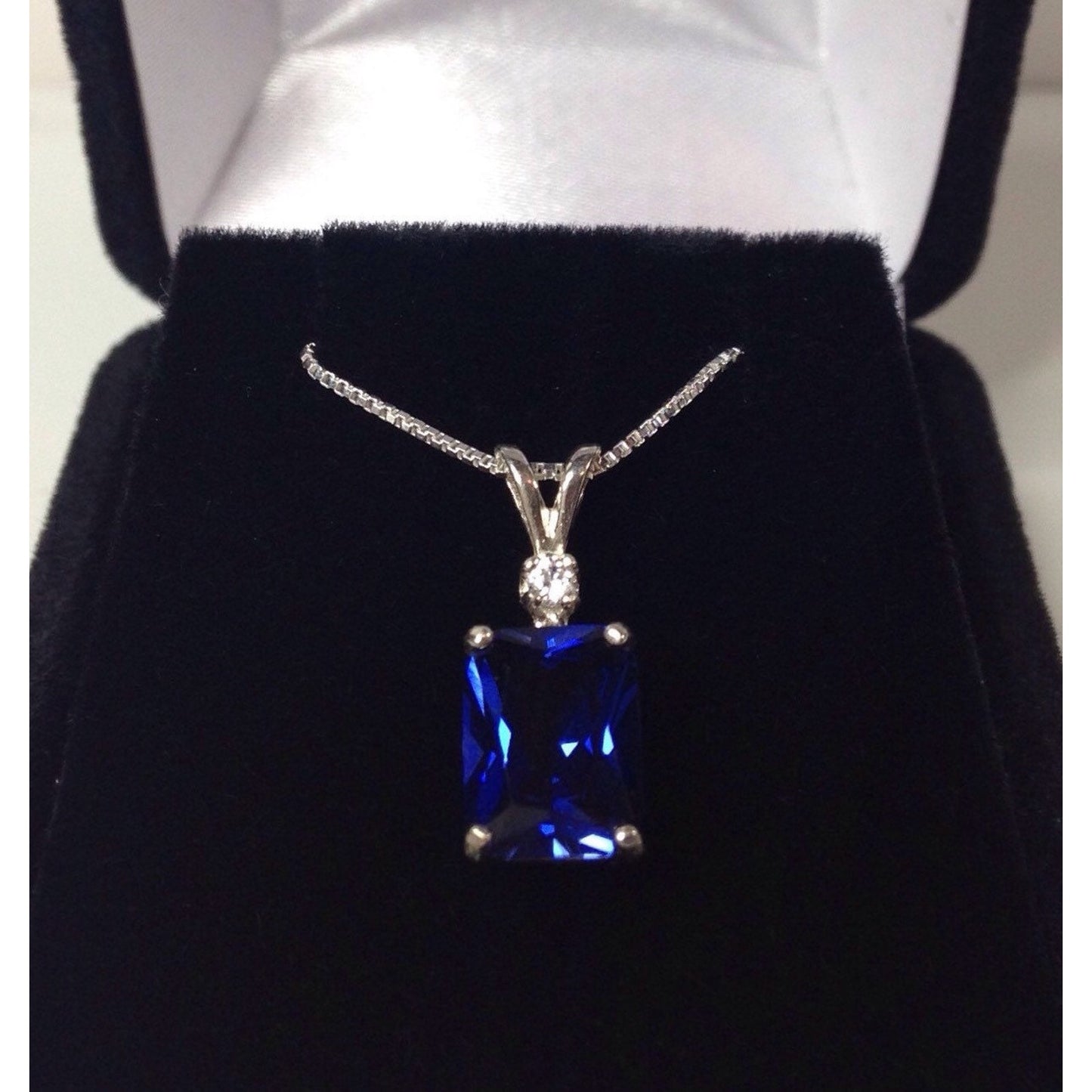 Gorgeous 4ct Emerald Cut Sapphire Pendant Necklace Blue & White Sapphire Accents jewelry trends Gift Bridal September