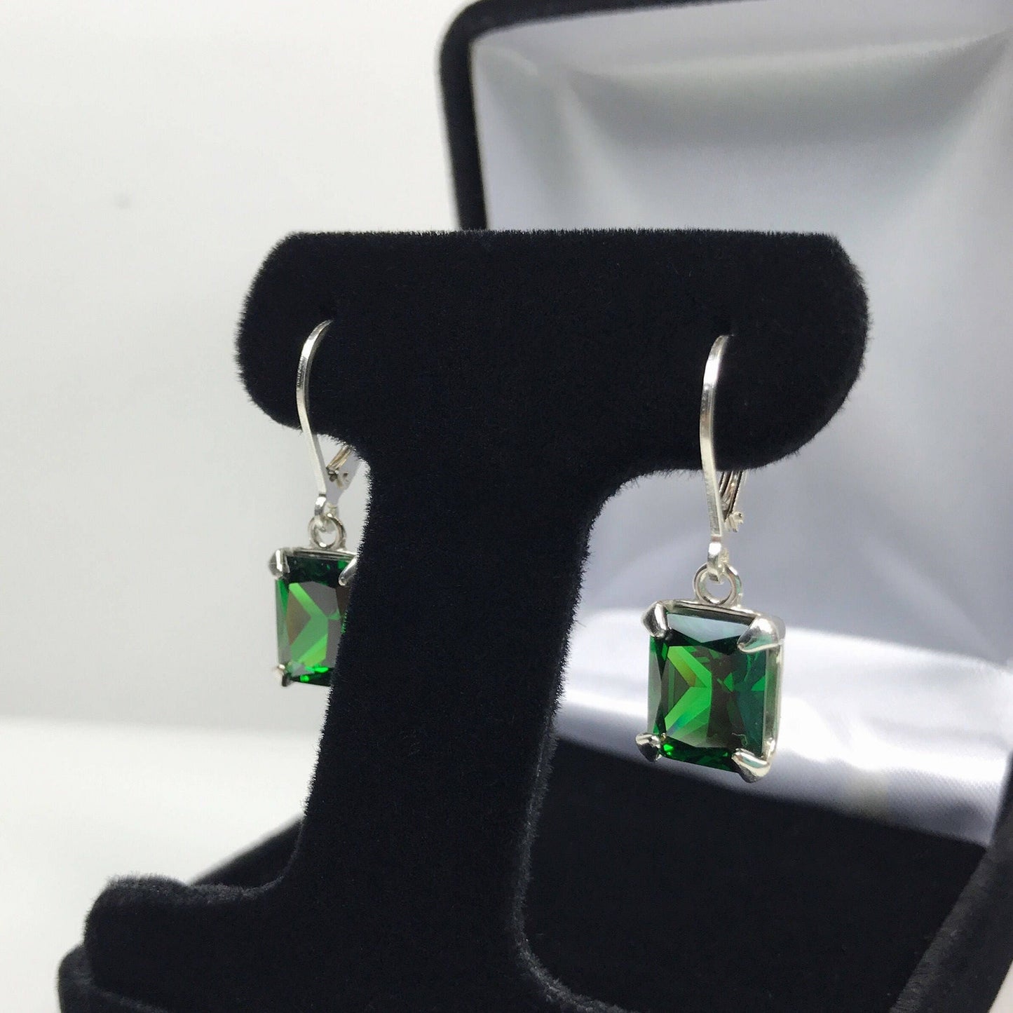 Beautiful 8ctw Emerald Cut Emerald Earrings in Sterling Silver