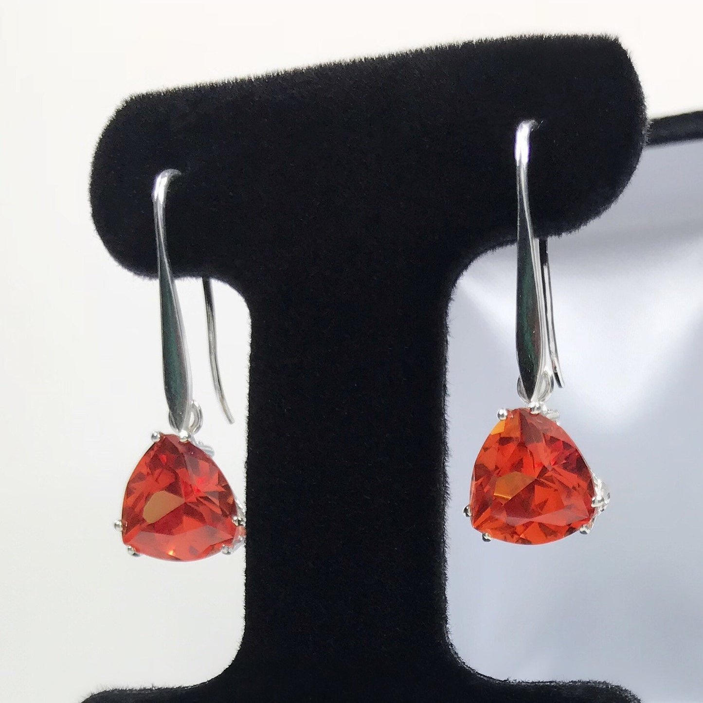 Beautiful 7ctw Trillion Cut Orange Padparadscha Sapphire & Sterling Silver Earrings Fine Jewelry Gift Orange Sapphire Triangle Drop