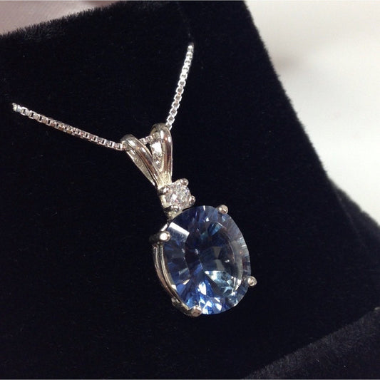 BEAUTIFUL 2.5ct Iolite Quartz & White Sapphire Sterling Silver Oval Cut Pendant Necklace 18" Gemstone Jewelry Trending Blue Iolite Necklace