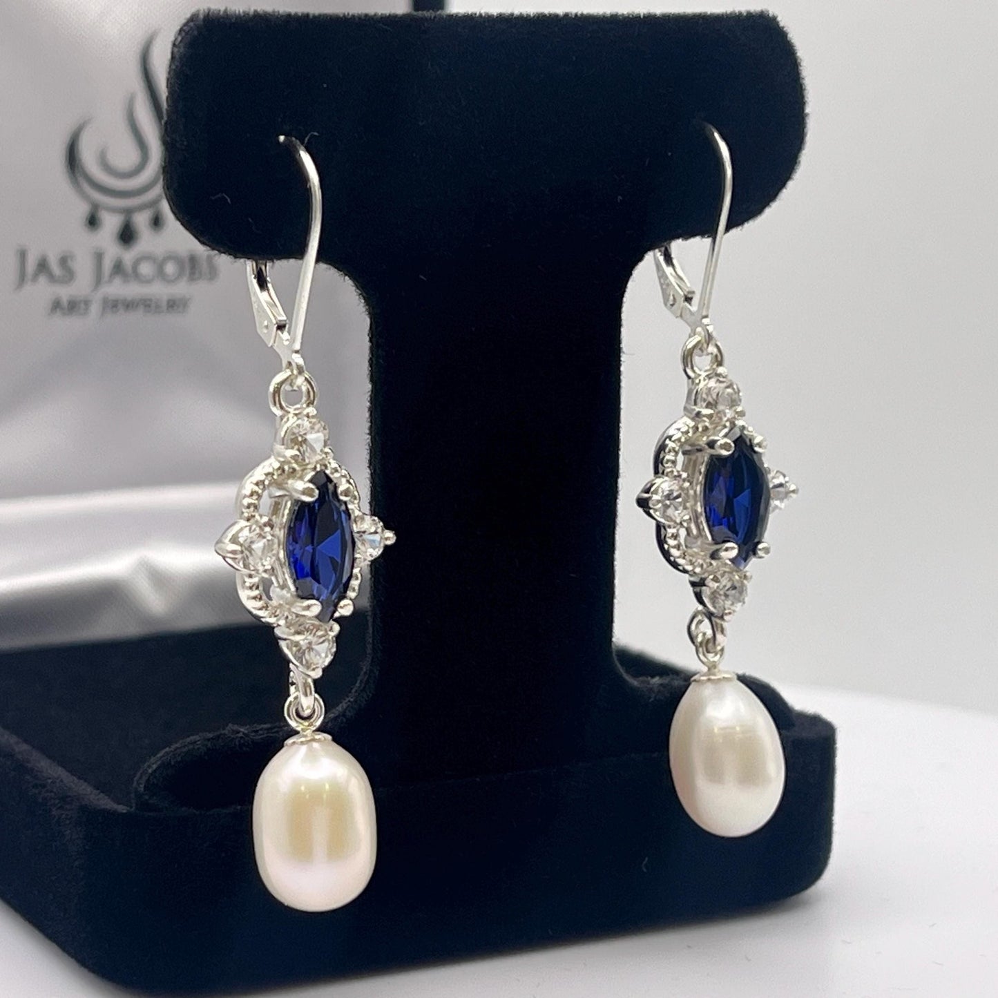 Genuine Pearls & Sapphire Earrings Sterling Silver Drop Dangle Pearl Earrings
