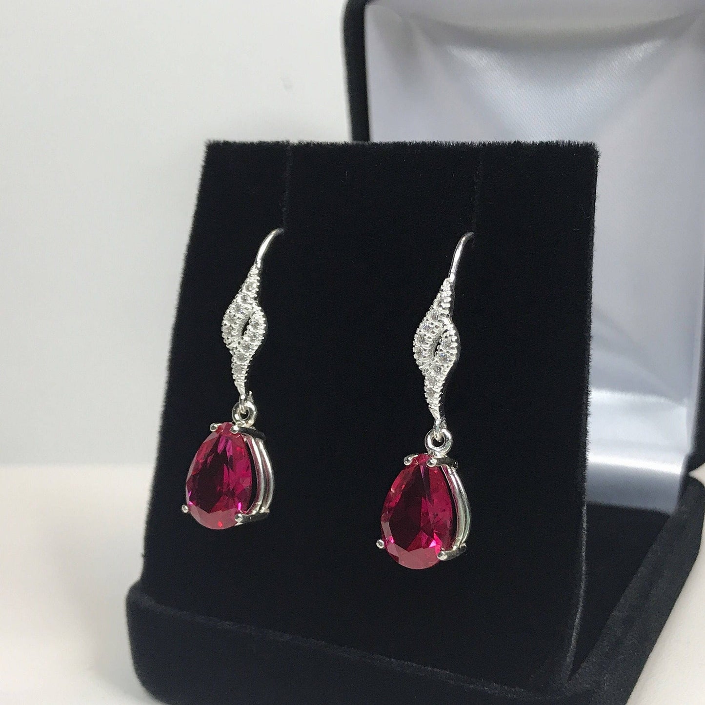 Beautiful 10ctw Pear Cut Ruby Earrings White Sapphire Earrings Pear Drop Dangle