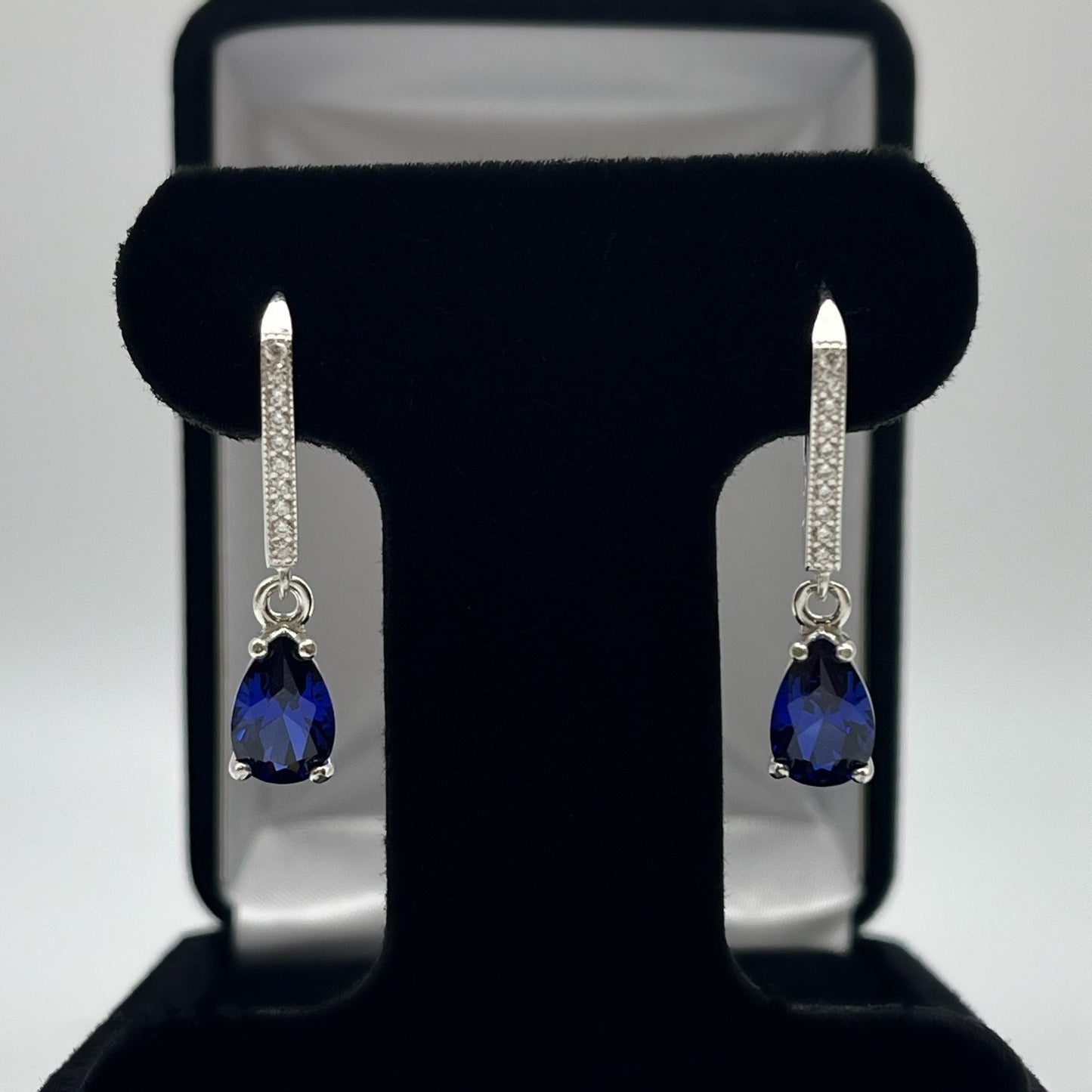 BEAUTIFUL 3.6ctw Blue Sapphire Sterling Silver Earrings Pear Cut Blue Sapphire Leverback Dangle Earrings Trending Jewelry Gift