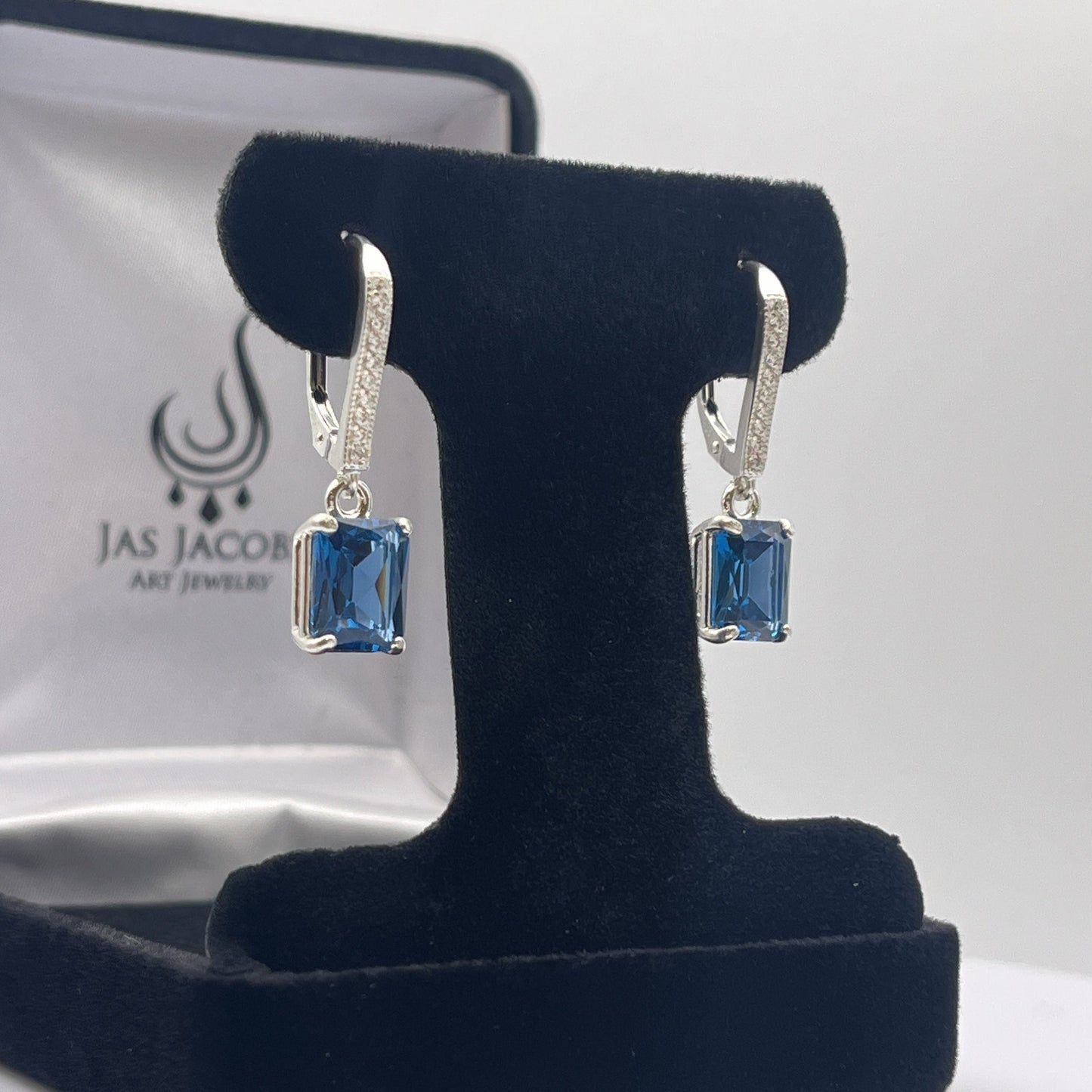 BEAUTIFUL 6ctw Emerald Cut London Blue Spinel Earrings in Sterling Silver