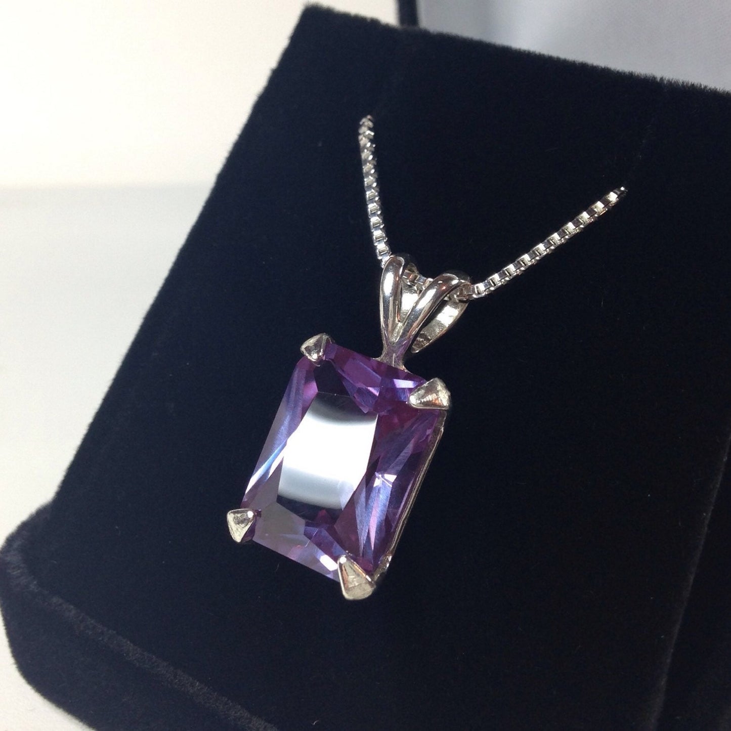 Gorgeous 8ct Emerald Cut Alexandrite Necklace Sterling Silver Solitaire Pendant Large Color Change Alexandrite Lab June Birthstone Gift