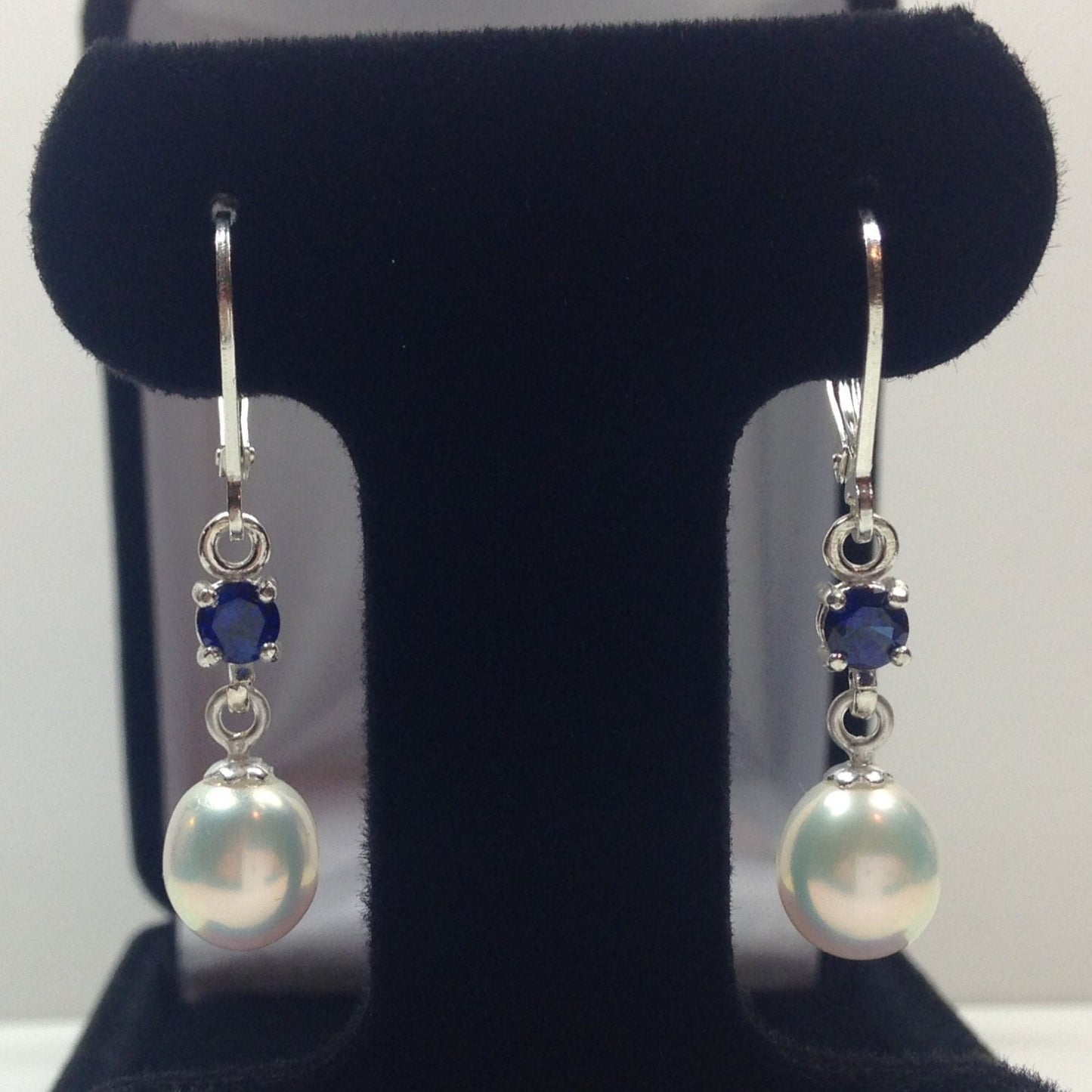 Beautiful Pearl & Sapphire Earrings in Sterling Silver Drop Dangle Pearl Earrings