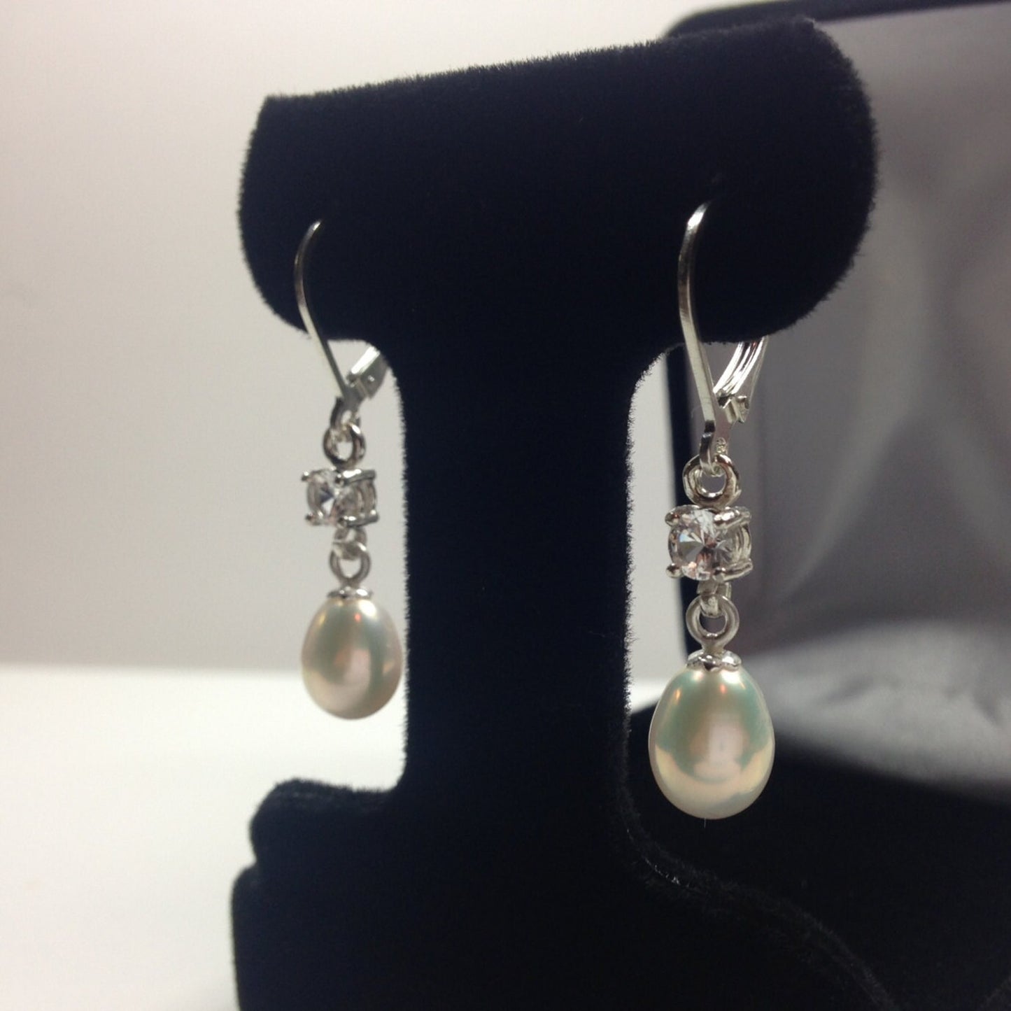 Genuine Pearl & White Sapphire Earrings in Sterling Silver Pearl Earrings