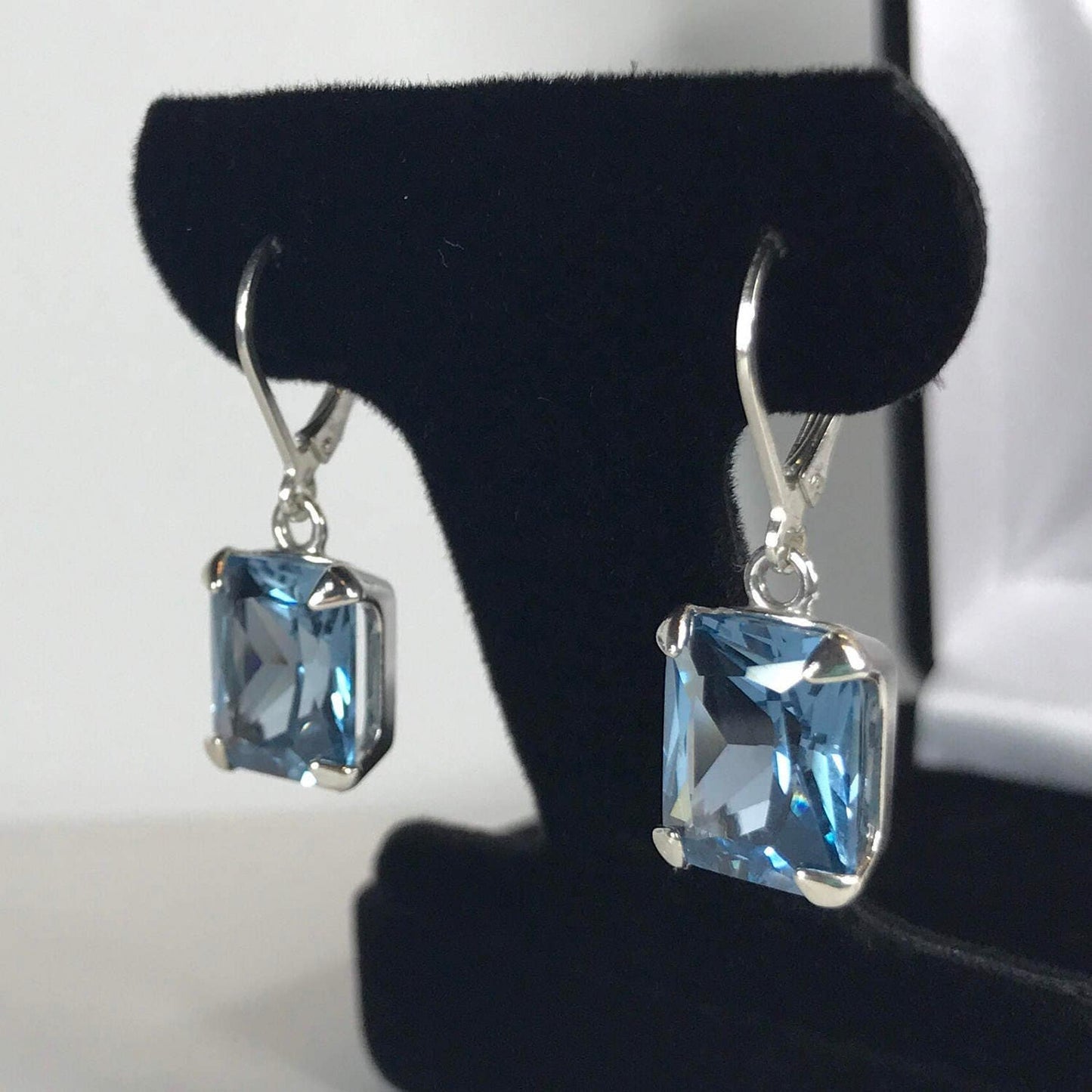 BEAUTIFUL 12ctw Emerald Cut Blue Spinel Earrings in Sterling Silver