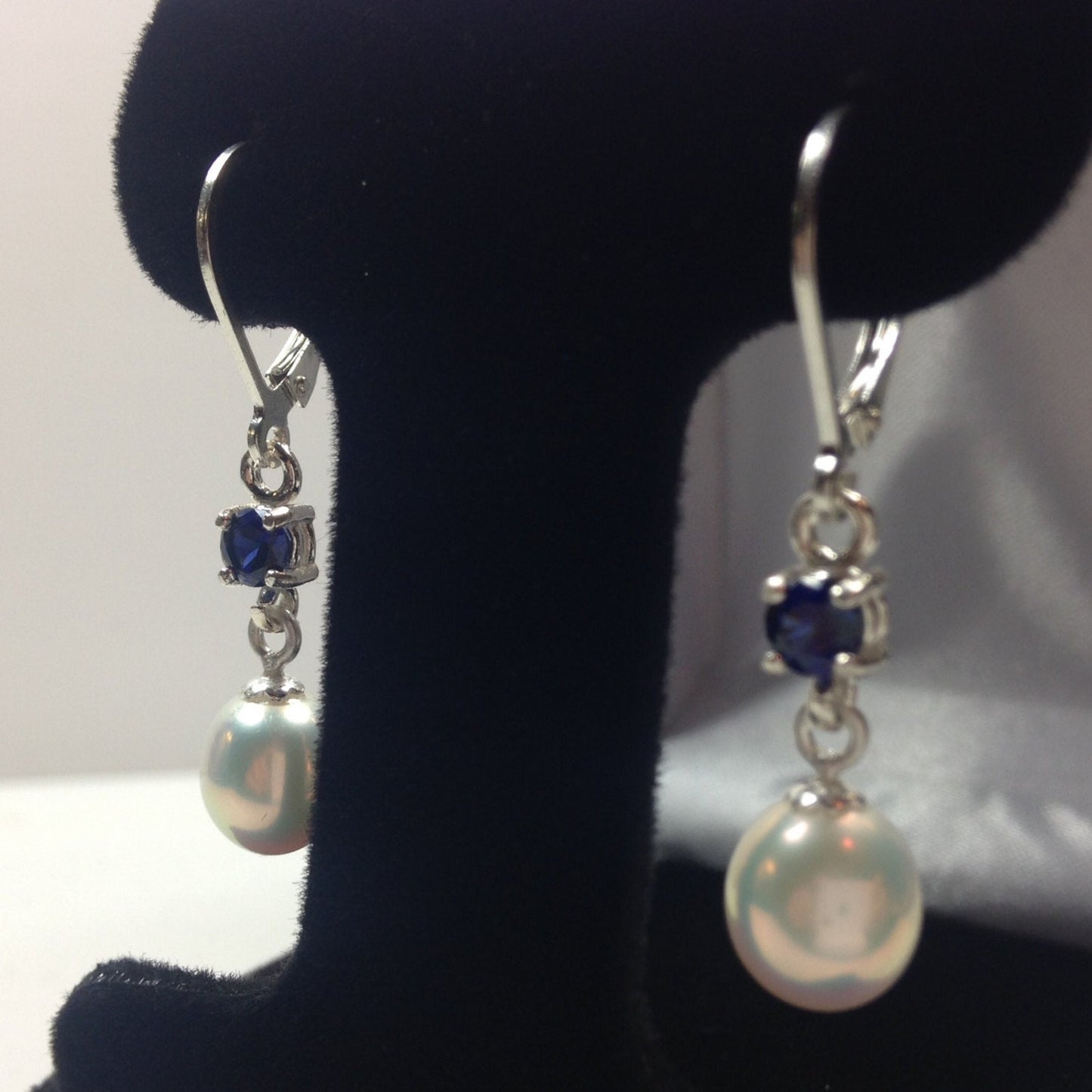 Beautiful Pearl & Sapphire Earrings in Sterling Silver Drop Dangle Pearl Earrings