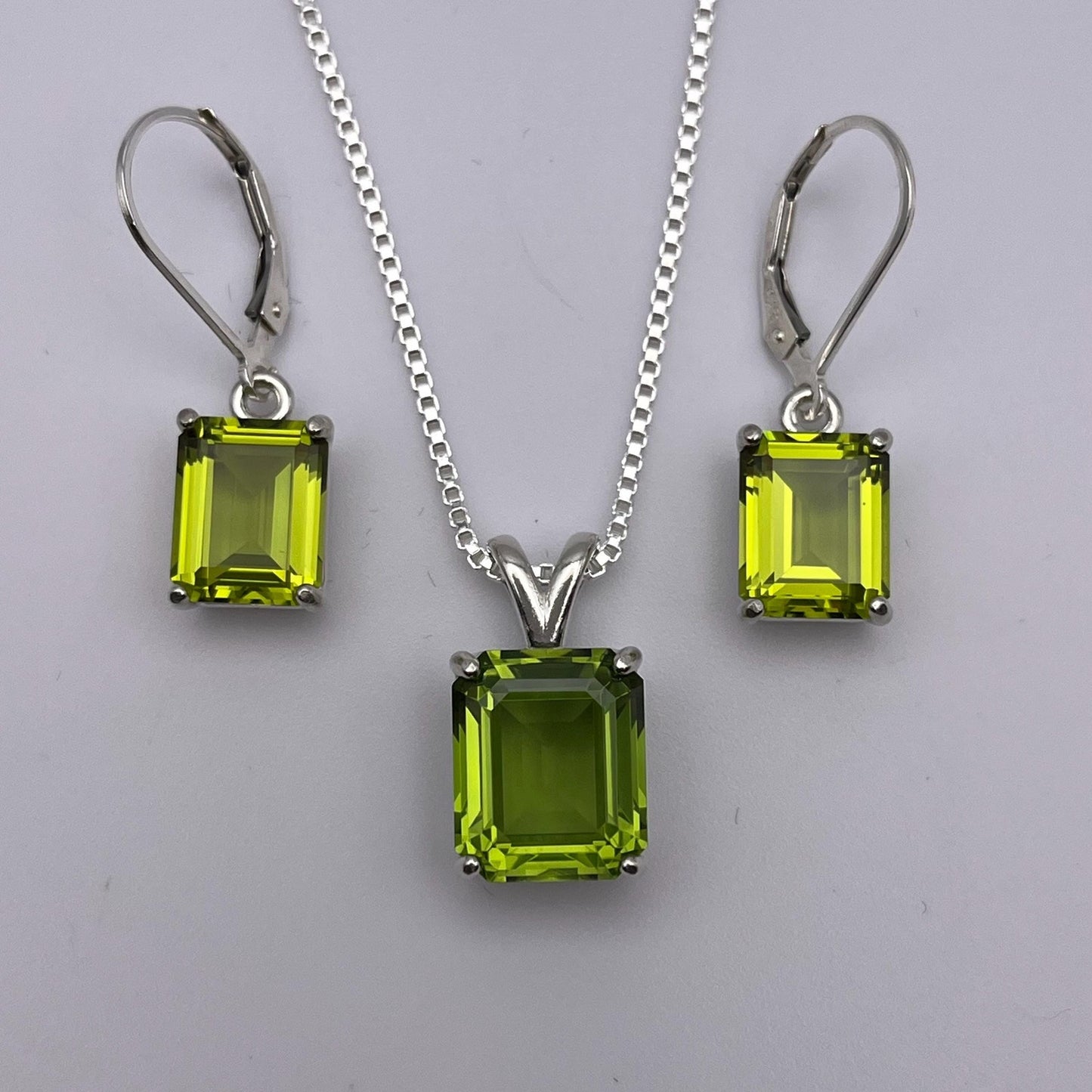 Emerald Cut Peridot Necklace & Earrings Set in Sterling Silver August Birthstone