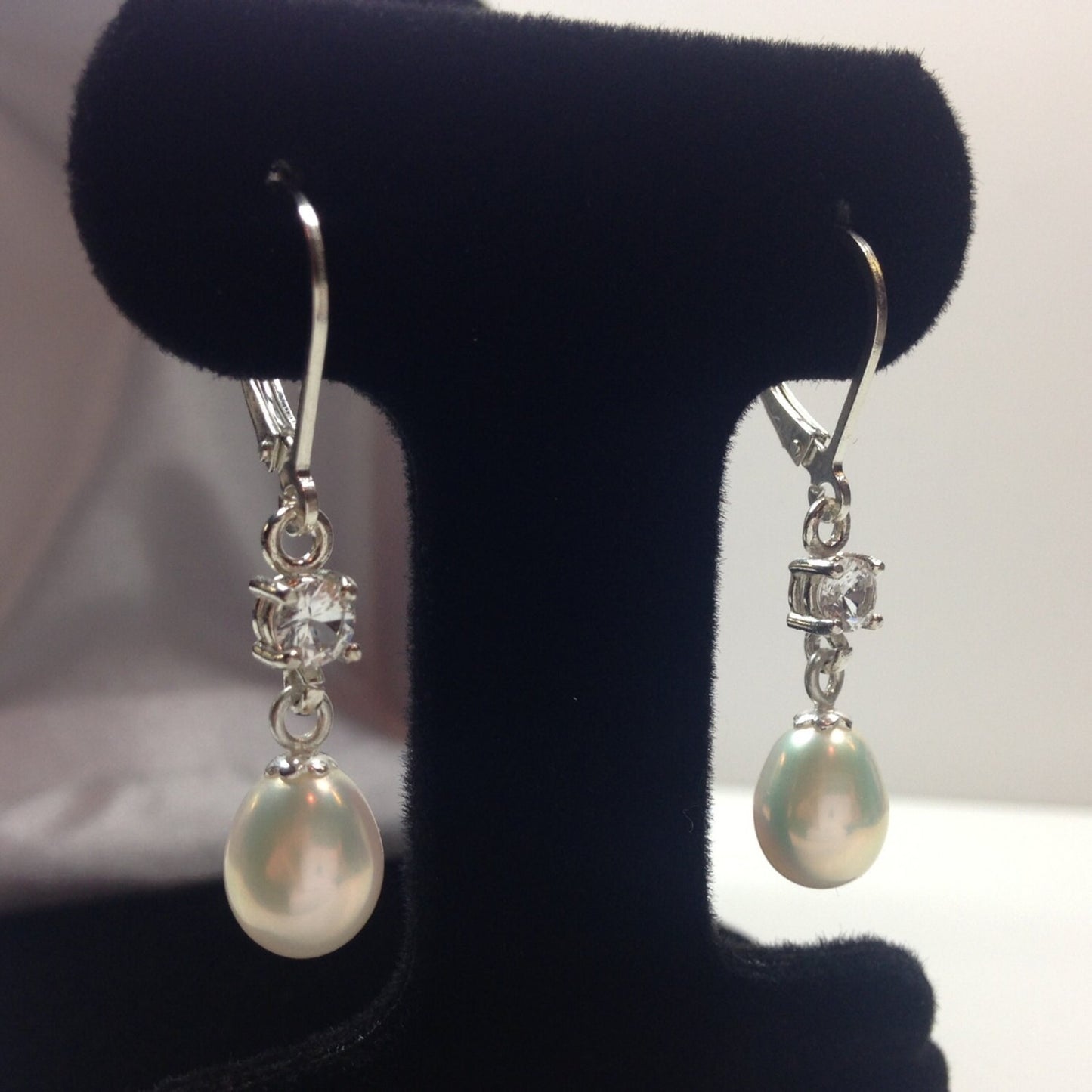 Genuine Pearl & White Sapphire Earrings in Sterling Silver Pearl Earrings