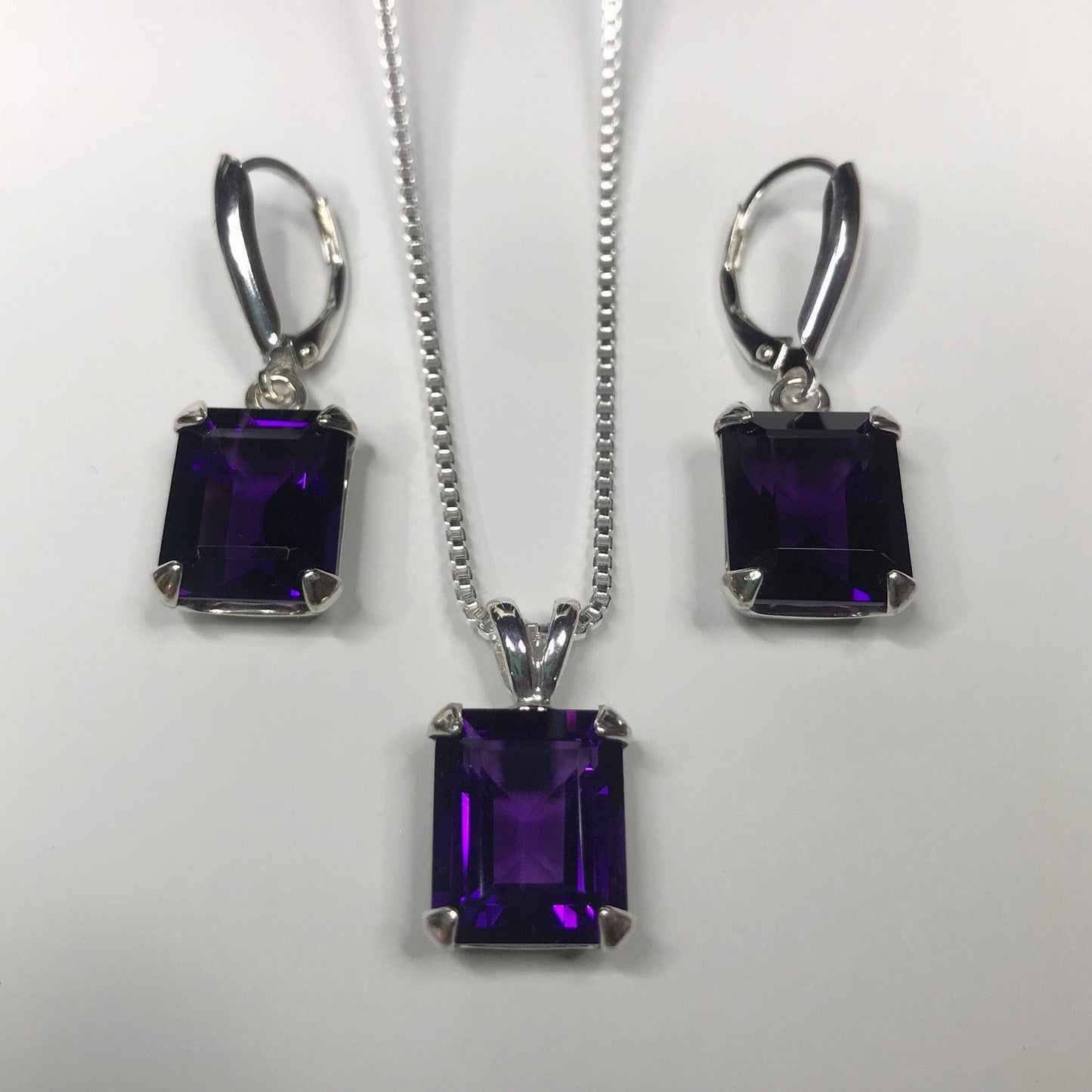 BEAUTIFUL 16.5ctw Emerald Cut Amethyst Earrings & Pendant Necklace Set Sterling Silver Trending Jewelry Gift February Birthstone