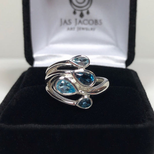 BEAUTIFUL 1.5ct Genuine Swiss Blue Sky Blue & London Topaz Ring Size 7