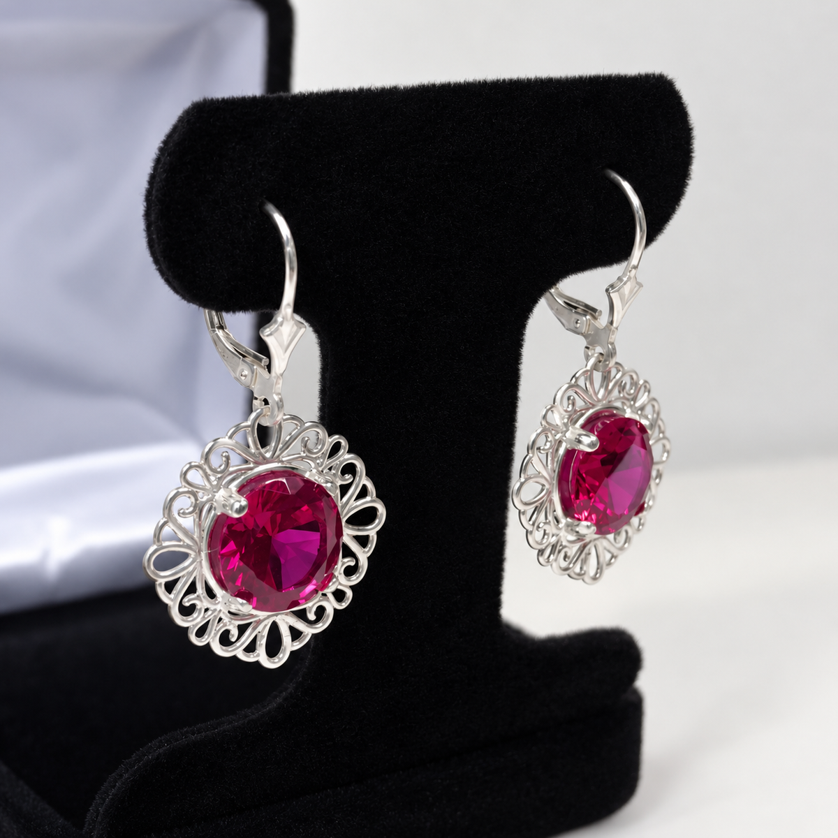 9ctw Round Lab Grown Ruby Filigree Drop Earrings