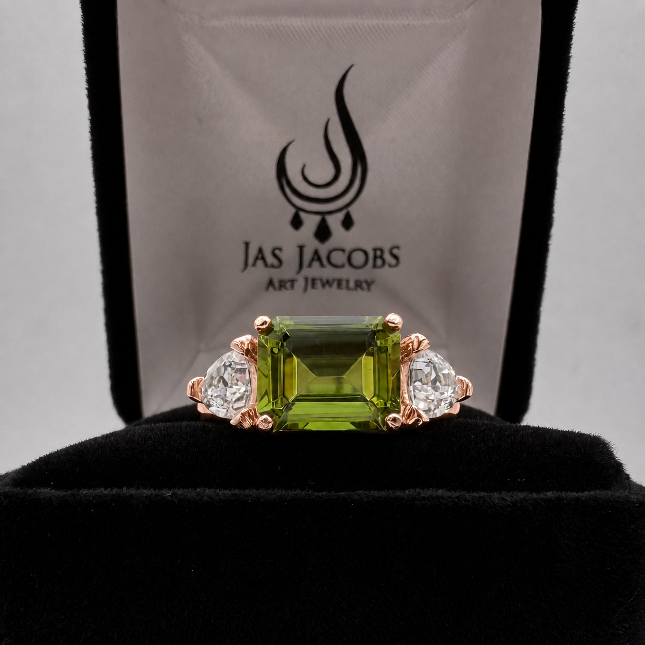 Emerald Cut Peridot & Trillion White Sapphire Art Deco Ring