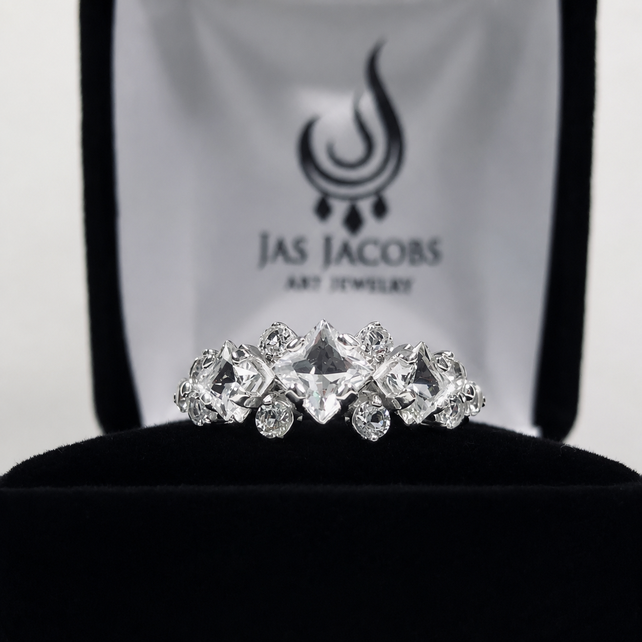 Art Deco Inspired Princess Cut White Sapphire and Diamond Three Stone Ring
