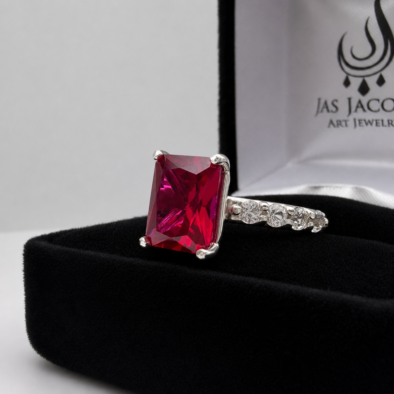4.64 CTW Emerald Cut Ruby Ring | Diamond Band