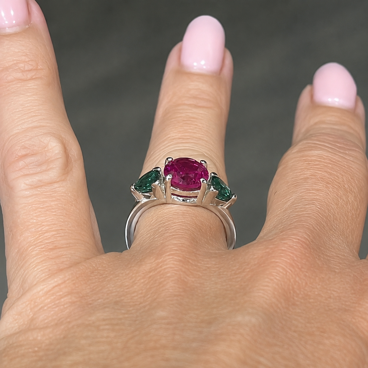 Watermelon Ring | 5CTW Oval Pink Sapphire Ring | Trillion Green Tourmaline Three Stone Ring
