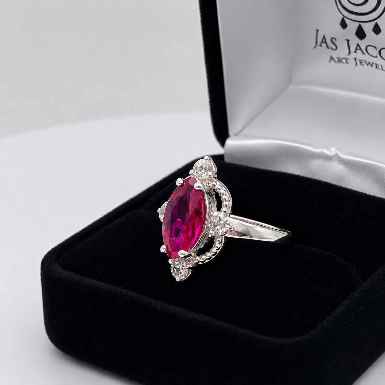 2.4ct Marquise Cut Ruby Ring with Diamond Accents | Vintage Inspired Sculptural Design
