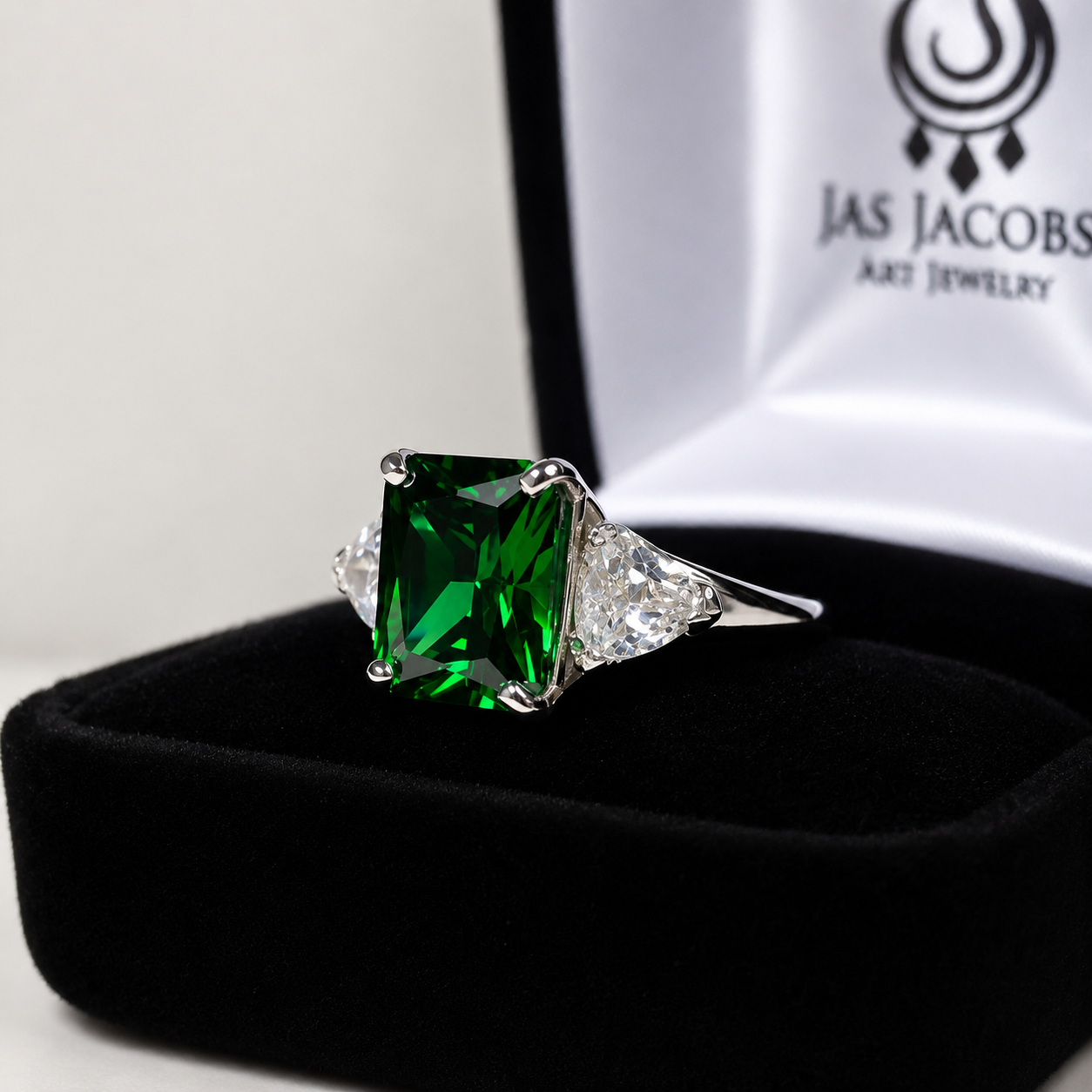 4.5CTW Emerald Cut Emerald Ring | Trillion White Sapphire Three Stone Ring