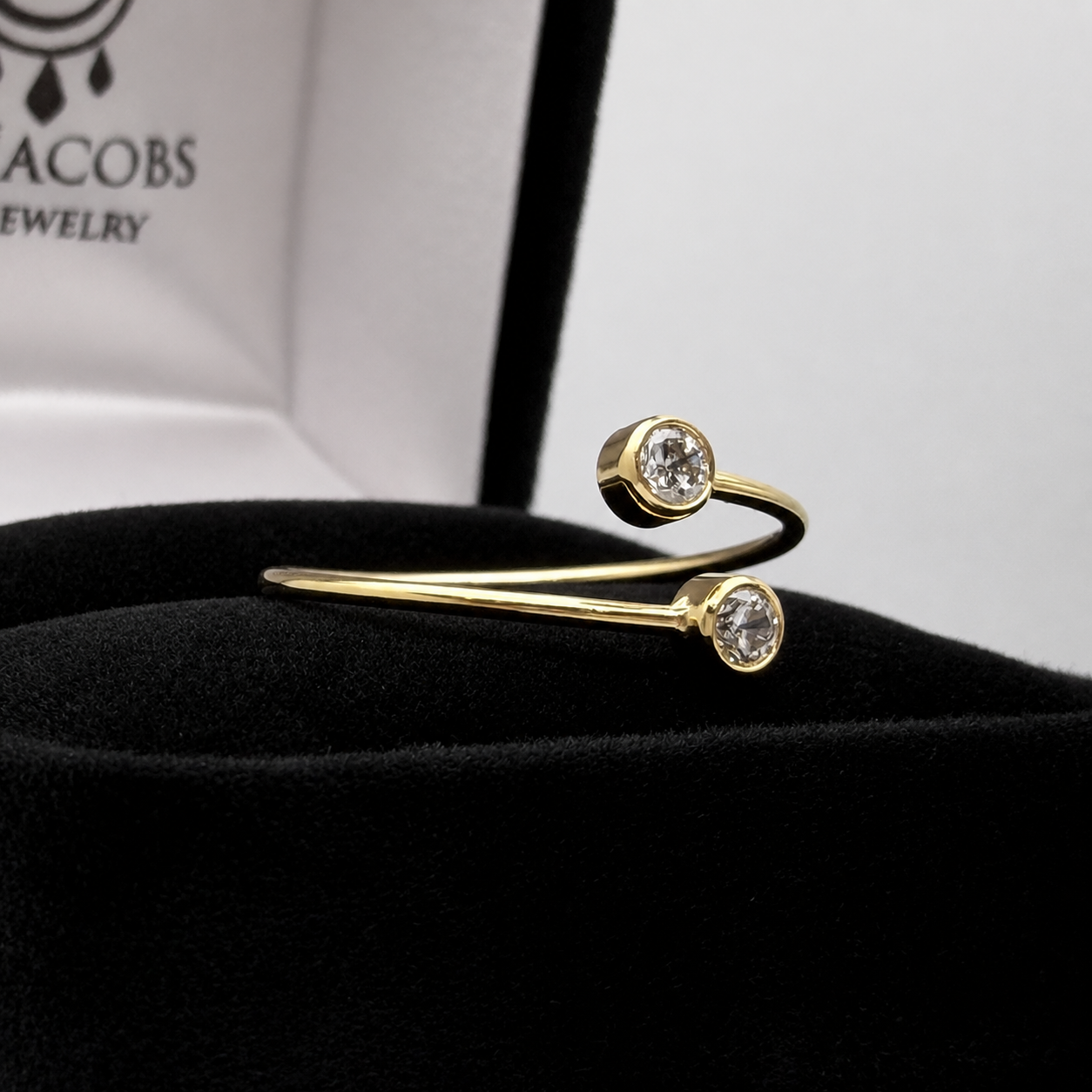 14K/20 Yellow Gold Filled Adjustable Cubic Zirconia Open Ring – Minimalist Double Bezel Set CZ Wrap Ring for Women