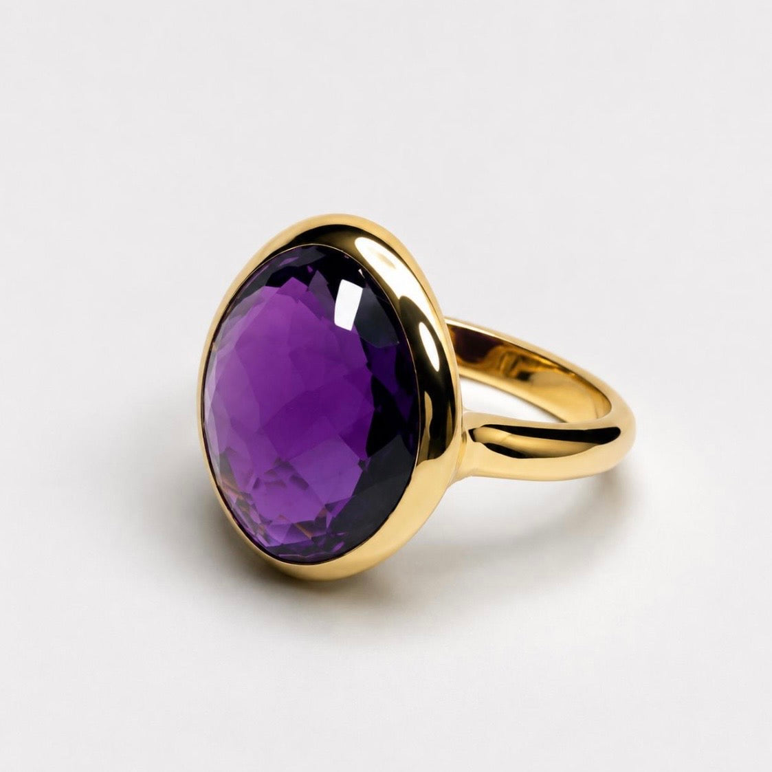 5ct Checker Cut Amethyst Ring | 18K Yellow Gold Vermeil | Modern Bezel Statement Ring