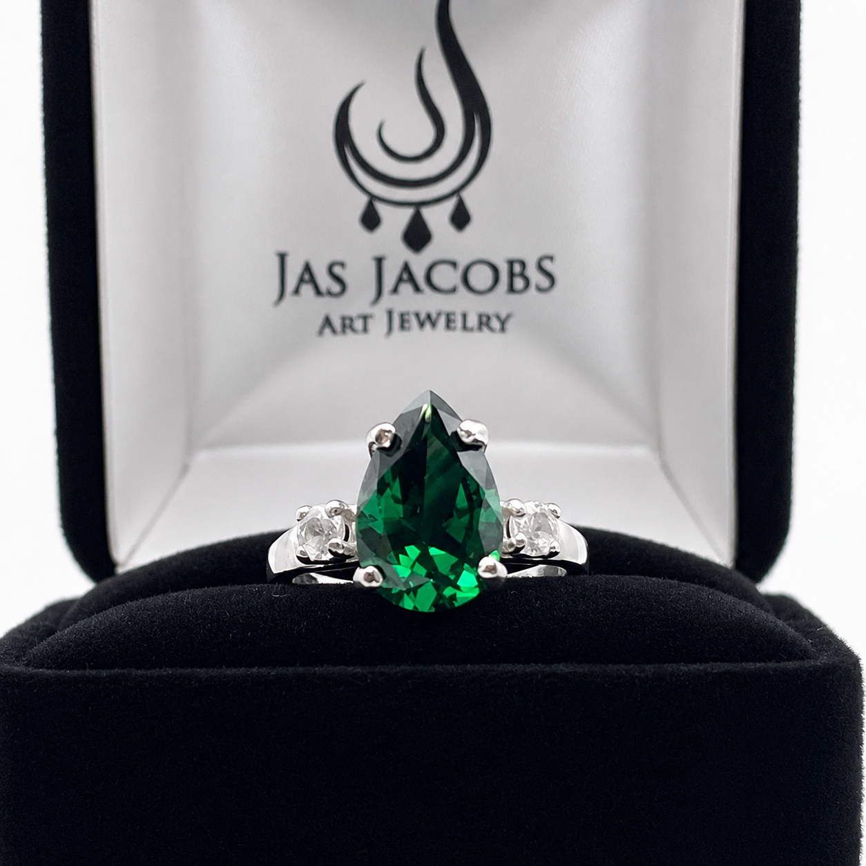 3.7CTW Pear Cut Emerald Ring with White Sapphire Accents