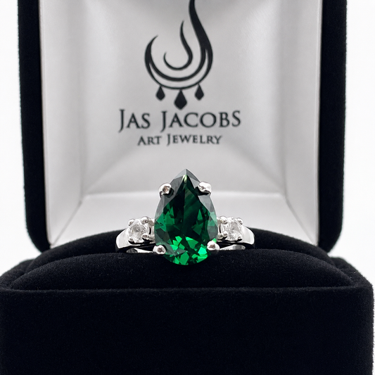 3.7CTW Pear Cut Emerald Ring with White Sapphire Accents