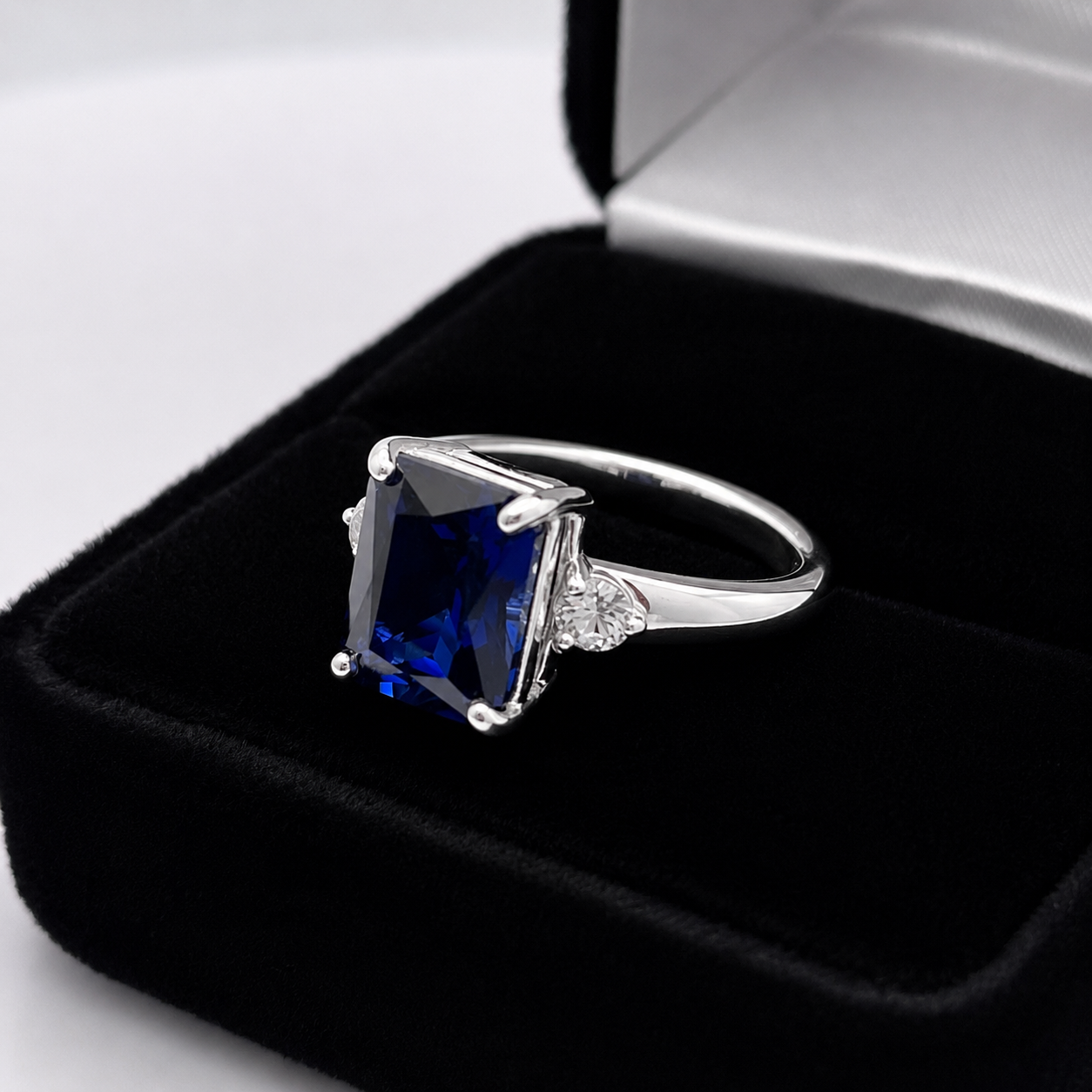 4 Carat Emerald Cut Blue Sapphire Ring with Diamond Accents