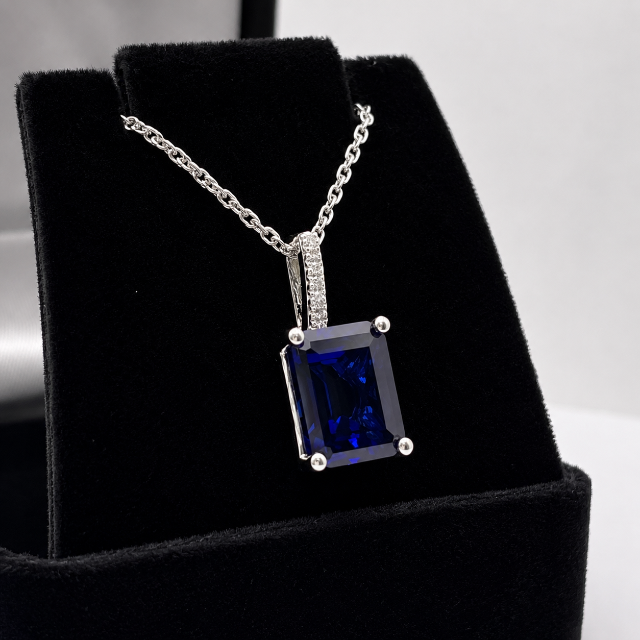 4CT Emerald Cut Blue Sapphire & Diamond Accent Necklace