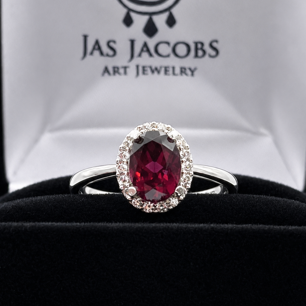 1.65ct Oval Rhodolite Garnet Halo Ring