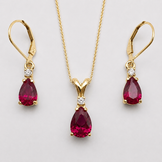 5.5ct Pear Cut Ruby & Diamond Jewelry Set